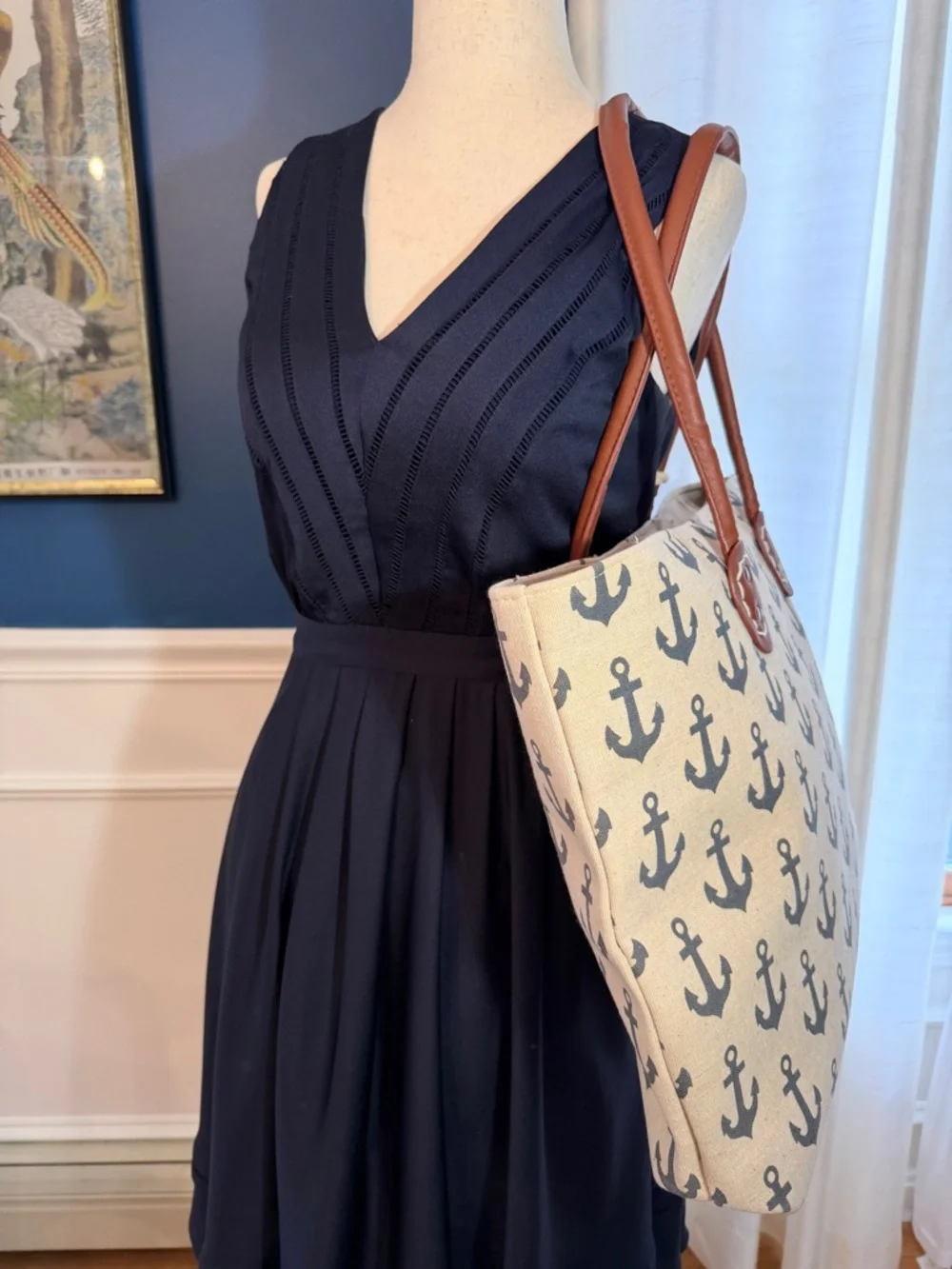 Reduced!! NWT Sun 'N' Sand Canvas Nautical Anchor Print Tote with Brown Handles - Picture 16 of 16